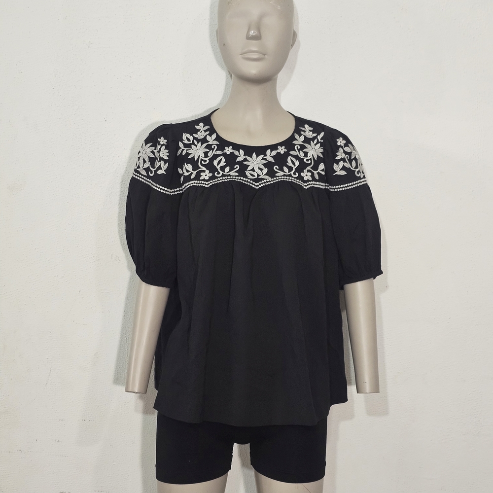 THML Black Blouse with White Embroidery